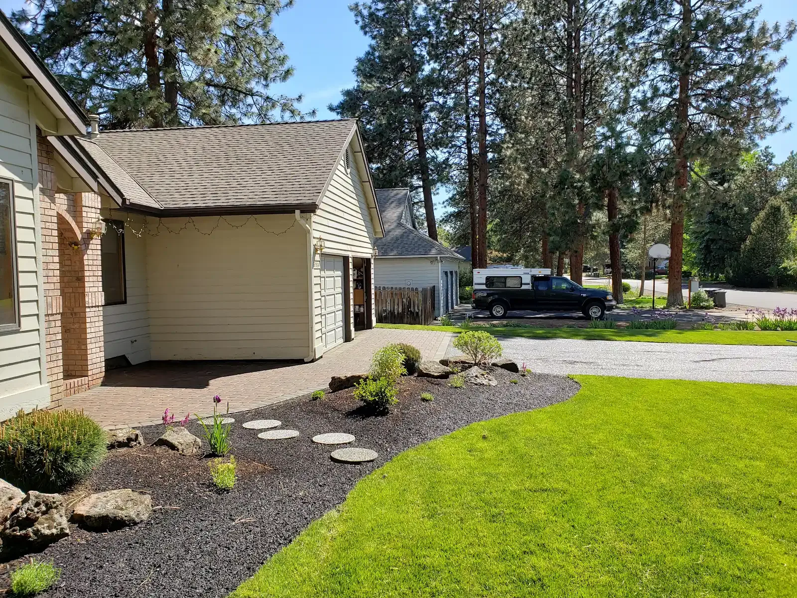 Side view with mulch border and stepping stones